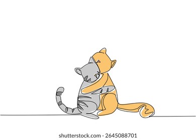 Uma única linha desenhando 2 gatos se abraçando. Seu comportamento único e adorável. Muito amigável como um animal de estimação. Doce. Amor. Dia Internacional do Abraço do Gato. Ilustração gráfica de design de linha contínua