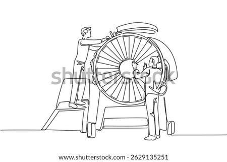 Single one line drawing 2 aircraft technicians dismantling aircraft engine. Working together makes everything easier. Aviation Maintenance Technician Day. Continuous line design graphic illustration