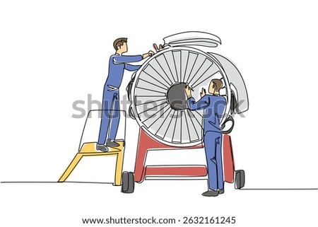 Single one line drawing 2 aircraft technicians dismantling aircraft engine. Working together makes everything easier. Aviation Maintenance Technician Day. Continuous line design graphic illustration