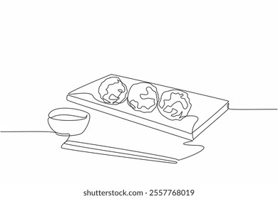 Single one line drawing 3 round rice balls on an oval wooden chopping board. Delicious when served with chili sauce. Chopsticks. National Rice Ball Day. Continuous line design graphic illustration