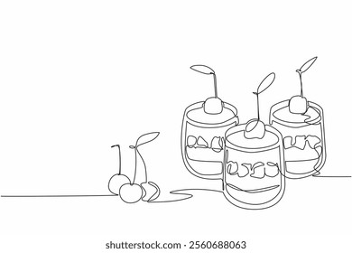 Single one line drawing 3 cups of cherry cheesecake. Ease of serving. Delicious cake in small version. Delicious. Savory. National Cherry Cheesecake Day. Continuous line design graphic illustration