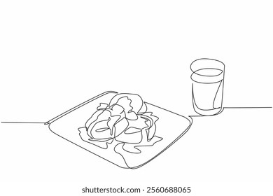 Single one line drawing 3 pcs English muffins with topping of butter chunks covered in honey. Spend weekend with sweet snacks. National English Muffin Day. Continuous line design graphic illustration