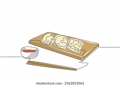 Single one line drawing 3 round rice balls on an oval wooden chopping board. Delicious when served with chili sauce. Chopsticks. National Rice Ball Day. Continuous line design graphic illustration