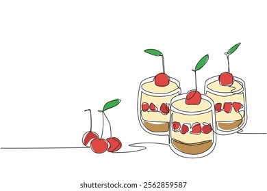 Single one line drawing 3 cups of cherry cheesecake. Ease of serving. Delicious cake in small version. Delicious. Savory. National Cherry Cheesecake Day. Continuous line design graphic illustration