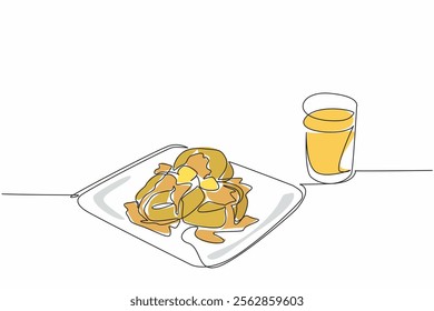 Single one line drawing 3 pcs English muffins with topping of butter chunks covered in honey. Spend weekend with sweet snacks. National English Muffin Day. Continuous line design graphic illustration