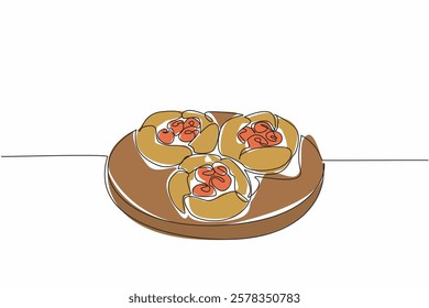 Single one line drawing 3 raspberry popovers on round wooden cutting board. Fresh from the oven. Sweet and sour refreshing. National Raspberry Popover Day. Continuous line design graphic illustration