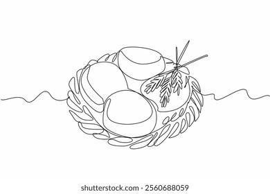 Single one line drawing 4 pcs English muffins on a rattan woven plate. Simple presentation with luxurious taste. Delicious. National English Muffin Day. Continuous line design graphic illustration