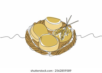 Single one line drawing 4 pcs English muffins on a rattan woven plate. Simple presentation with luxurious taste. Delicious. National English Muffin Day. Continuous line design graphic illustration