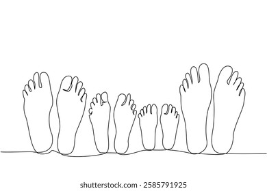 Single one line drawing 4 pairs of feet are lying down relaxing. A warm and harmonious family. Always make time to chat with each other. No Socks Day. Continuous line design graphic illustration