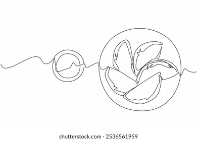 Um único desenho de linha 5 pcs empanadas em uma pequena placa redonda e fazer uma linha de círculo. Comida fresca. Molho como complemento. Dia Nacional da Empanada. Ilustração gráfica de design de linha contínua