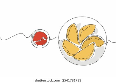 Um único desenho de linha 5 pcs empanadas em uma pequena placa redonda e fazer uma linha de círculo. Comida fresca. Molho como complemento. Dia Nacional da Empanada. Ilustração gráfica de design de linha contínua