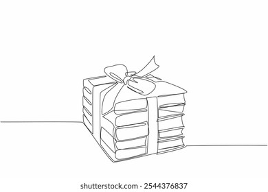 Um único desenho de linha 5 pilhas de livros amarrados com fita. Embalado de forma atrativa. Fornecendo os melhores livros. Aumentar o conhecimento. Dia Nacional da Doação de um Livro. Ilustração gráfica de design de linha contínua