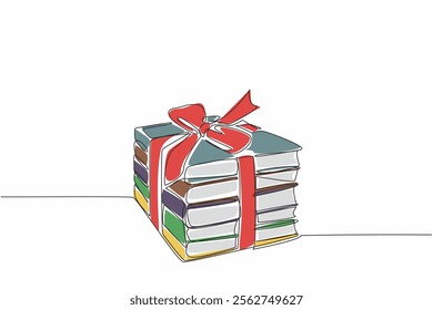 Single one line drawing 5 stacks of books tied with ribbon. Attractively packaged. Providing the best books. Increase knowledge. National Donate a Book Day. Continuous line design graphic illustration