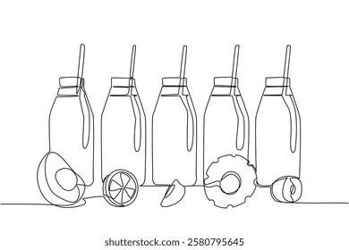 Single one line drawing 5 glass bottles with straws in each bottle. Refreshing drinks with various flavors. Perfect for summer. National Beverage Day. Continuous line design graphic illustration