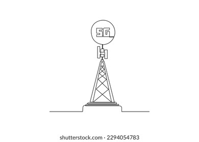 Einzeilige 5G-Basisübertragungs-Station mit nur einer Linie. 5G-Technologiekonzept. Grafische Vektorgrafik für kontinuierliche Zeilenzeichnung.