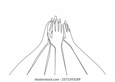 Single one line drawing 6 hands with open palms, raised and tossed together. Setting a common mission. Achieving success together. Trusty. Join Hands Day. Continuous line design graphic illustration