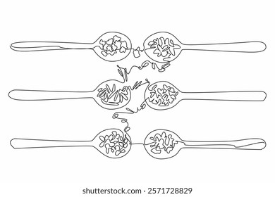 Single one line drawing 6 wooden spoons filled with various herbs. Already dried. Can feel the benefits directly. Healthy raw materials. National Herb Day. Continuous line design graphic illustration