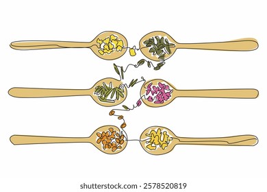 Single one line drawing 6 wooden spoons filled with various herbs. Already dried. Can feel the benefits directly. Healthy raw materials. National Herb Day. Continuous line design graphic illustration