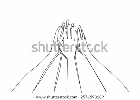 Single one line drawing 6 hands with open palms, raised and tossed together. Setting a common mission. Achieving success together. Trusty. Join Hands Day. Continuous line design graphic illustration