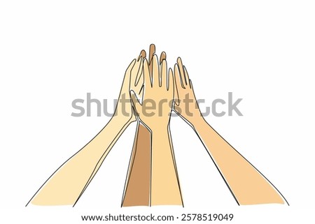 Single one line drawing 6 hands with open palms, raised and tossed together. Setting a common mission. Achieving success together. Trusty. Join Hands Day. Continuous line design graphic illustration