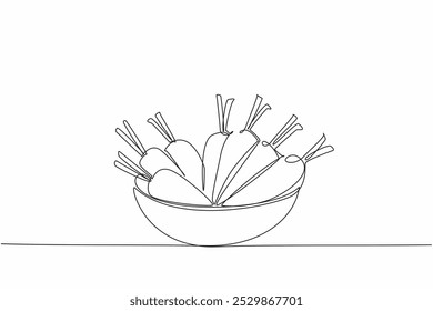 Single one line drawing 7 carrots in a bowl. Cleaned and then processed into healthy food. Can also be used as a crunchy snack. International Carrot Day. Continuous line design graphic illustration