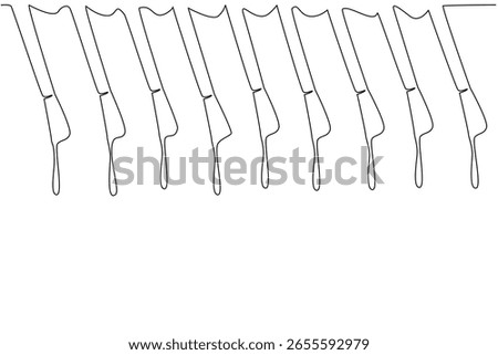 Single one line drawing 9 nail polish brushes in various colors with dripping polish. Equipment for painting on nails. Beauty. National Nail Polish Day. Continuous line design graphic illustration