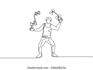 Single one line drawing an acrobat juggling small dumbbells. This game requires dexterity, concentration, and constant practice. Modern continuous line draw design graphic vector illustration.