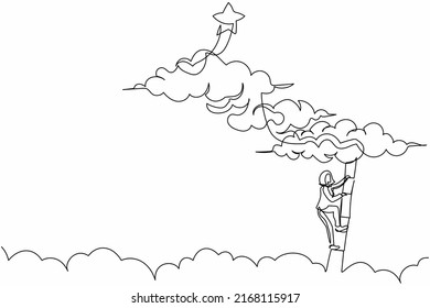 Single one line drawing active businesswoman climbing ladder to reach out for stars  career path goal  Successful motivation  winner  finish  Continuous line draw design graphic vector illustration
