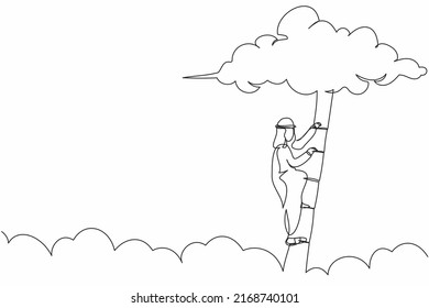 Single one line drawing active Arab businessman climbing up ladder to cloud. Worker rising business development. Professional growth promotion. Continuous line draw design graphic vector illustration