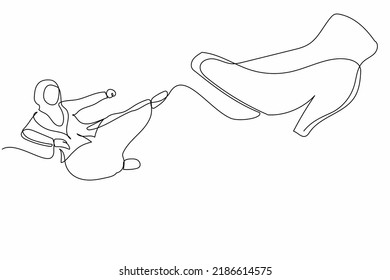 Single One Line Drawing Active Arab Businesswoman Kick Giant Foot Stomp. Female Employee Doing Flying Kick To Big High Heels. Minimal Metaphor. Continuous Line Draw Design Graphic Vector Illustration