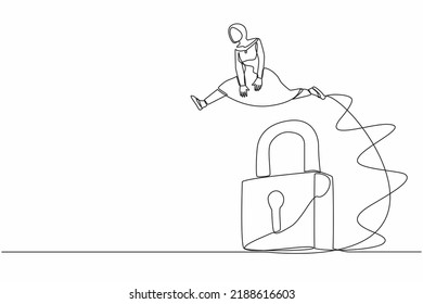 Single one line drawing active Arab businesswoman jumping big padlock. Business protection security. Professional solutions, success key. Modern continuous line draw design graphic vector illustration