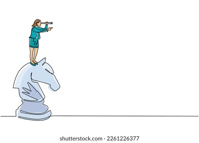 Single one line drawing active businesswoman on top of big horse chess piece using telescope looking for success, opportunities, future business trends. Continuous line draw design vector illustration