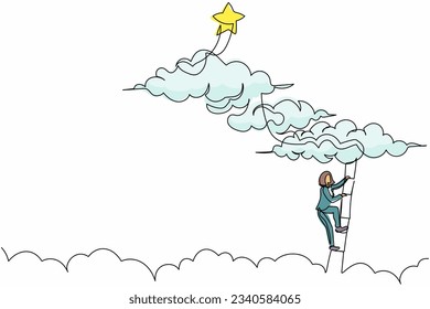 Single one line drawing active businesswoman climbing ladder to reach out for stars, career path goal. Successful motivation, winner, finish. Continuous line draw design graphic vector illustration