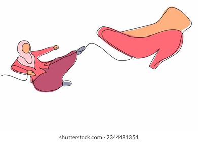 Una sola línea dibujando a una activa empresaria árabe pateando el estómago gigante de los pies. Empleada haciendo patadas voladoras a tacones altos. Mínima metáfora. Ilustración gráfica de diseño de trazos de línea continua