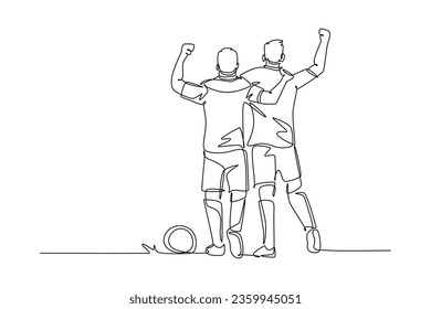 Single one line drawing active two football player hugging, walking together to celebrate, show sportsmanship. Respect in soccer sport. Modern continuous line draw design graphic vector illustration