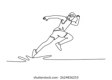 Single one line drawing active male athlete starting his sprint on running track. Speed and endurance. Concept of sport, marathon, competition. Continuous line draw design graphic vector illustration