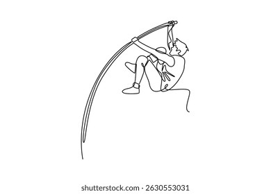 Uma única linha desenhando saltador de polo masculino atleta ativo para a curva de polo durante a competição de atletismo. Abordagem dinâmica para limpar a altura impressionante. Ilustração de vetor gráfico de design de linha contínua