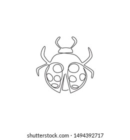 Single one line drawing of adorable ladybug for company logo identity. Little insect mascot concept for bug lover club icon. Modern continuous line draw design vector graphic illustration