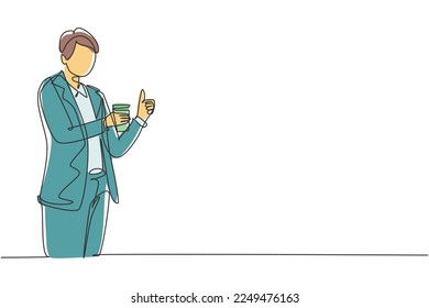 Single one line drawing 
adult man holding cup of coffee with thumbs up gesture celebrating the success of his work project. Enjoy life. Modern continuous line draw design graphic vector illustration