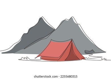 Single one line drawing adventure camping night landscape. Tent, campsite, pine forest and rocky mountains. Sports, hiking, camping, outdoor recreation. Continuous line draw design vector illustration
