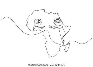 Uma única linha desenhando o continente africano com dois punhos cerrados e algemas quebradas no meio do continente. Liberdade da escravidão. Dia da Libertação Africana. Ilustração gráfica de design de linha contínua