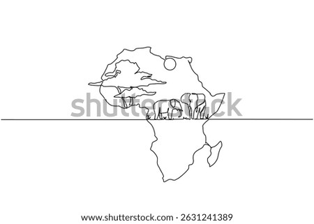 Single one line drawing the African continent with 2 elephants, the sun and big tree in the middle. Moving to create open space. Jungle. Global Africa Day. Continuous line design graphic illustration