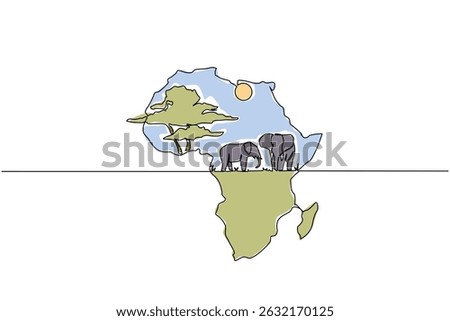 Single one line drawing the African continent with 2 elephants, the sun and big tree in the middle. Moving to create open space. Jungle. Global Africa Day. Continuous line design graphic illustration