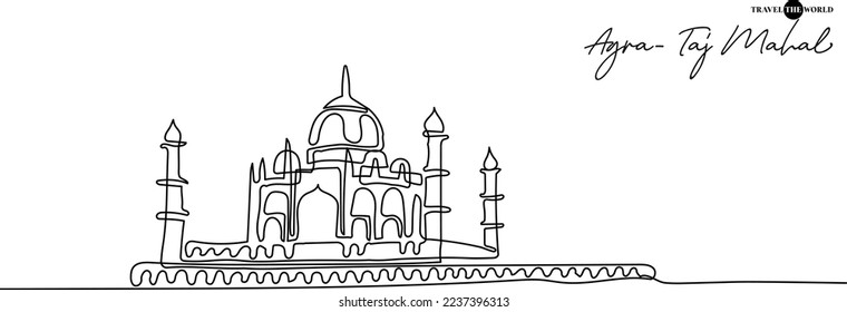 Single one line drawing of Agra Taj Mahal. Tourism travel postcard and home wall art decor poster concept. Modern continuous line draw design vector illustration