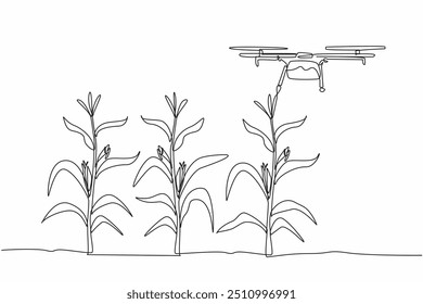 Single one line drawing agricultural drone with water tank underneath to water corn fields. Modern agriculture. High technology. National Agriculture Day. Continuous line design graphic illustration