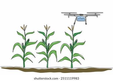 Single one line drawing agricultural drone with water tank underneath to water corn fields. Modern agriculture. High technology. National Agriculture Day. Continuous line design graphic illustration