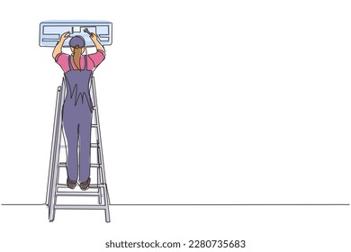 Single one line drawing air conditioning repair. Repairwoman technician woman repairing air conditioner. Air conditioning unit repair, maintenance professional service. Continuous line design vector