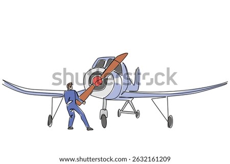Single one line drawing an aircraft technician is checking the propeller. Propeller rotation does not meet standards. Aviation Maintenance Technician Day. Continuous line design graphic illustration