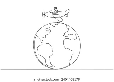 Single one line drawing an airplane driven by a man on a globe. Pollutes healthy air with emitted substances. Harmful to the ozone layer. Environmental. Continuous line design graphic illustration