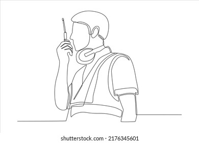 Single one line drawing Airport Ground Worker Man Communicating Over Walkie Talkie about Airspace Security at the airport. Airport activity concept. Continuous line draw vector illustration. 